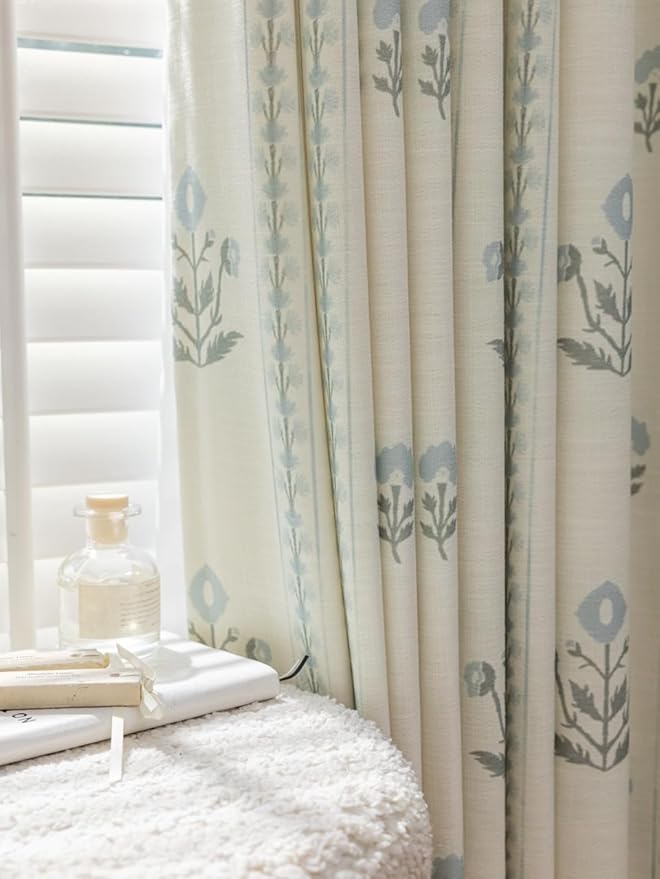 DrapePalette-Linen Blend Pinch Pleated Curtains for Living Room, Bedroom, Dining Room-Light Filtering Curtains 1 Panel - Floral Printed Design - Antique White, 52" W x 96" L