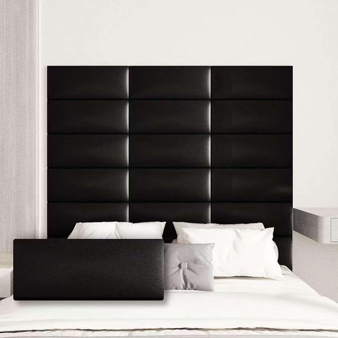 Upholstered Wall Mounted Headboard, 3D Soundproof Wall Panels Peel and Stick Headboard for Queen Size, Headboard for Adjustable Bed, Tufted Headboard, Black(9 Panels, 10" x 24")