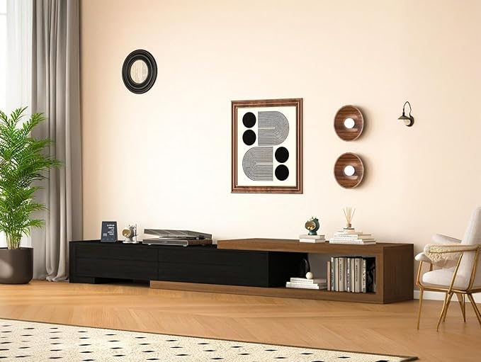 82-115" W Extendable TV Stand for TVs up to 120", Wood Modern Entertainment Center with 2 Large Drawers, Media Console Table for Living Room, Black