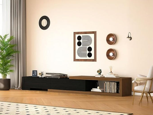 82-115" W Extendable TV Stand for TVs up to 120", Wood Modern Entertainment Center with 2 Large Drawers, Media Console Table for Living Room, Black