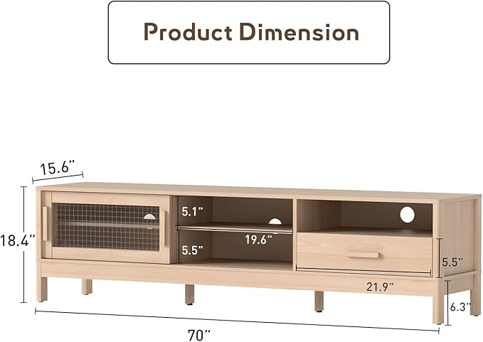 Bonzy Home Modern TV Stand with 2 Acrylic Sliding Doors and Drawers for 75 Inch TV, Modern Media TV Console with Adjustable Shelf for Bedroom,Living Room, Oak