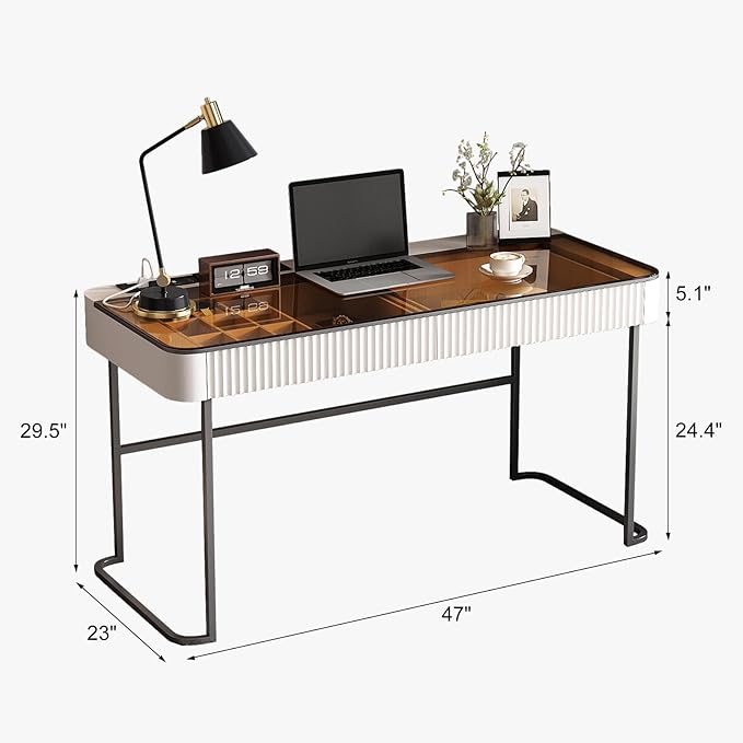 Lartis Office Desk with Drawer - Writing Desk with Intelligent Socket Computer Desk with USB Port Compartmentalized Storage for Home Office Working Gaming
