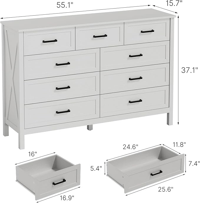 LYNSOM Farmhouse 9 Drawer Dresser for Bedroom, 55 Inch Wide Wood Rustic Chest of Drawers with X-Marking & Bar Handle, Large Storage Dressers Organizer for Bedroom, Living Room, White