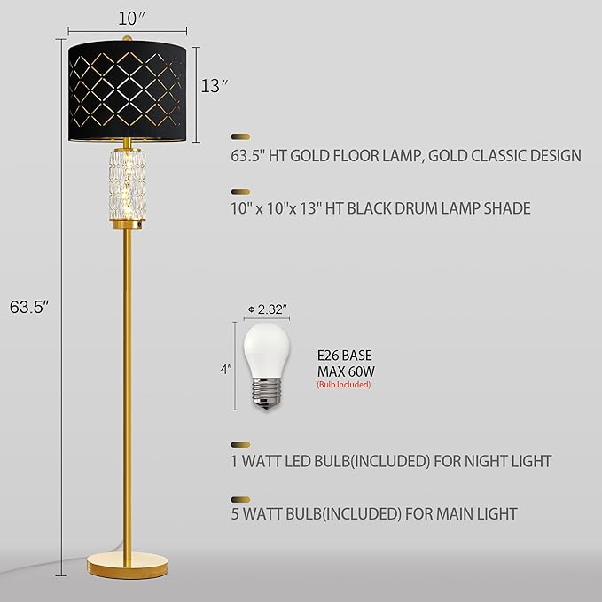 Oneach 63.75" Floor Lamp for Living Room, Modern Gold Lamp with LED Glass Night Light, Vintage Standing Lamp with Black Drum Lampshade, Unique Luxury Tall Lamp for Bedroom Home Office(Bulb Included)
