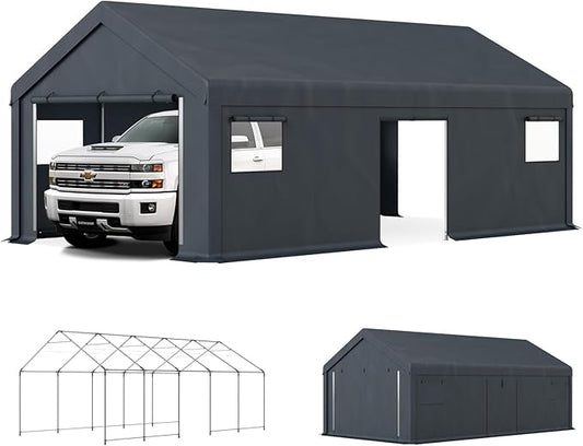 GREEN PARTY Carport, 13'x24' Extra Large Heavy Duty Carport with Roll-up Windows, Waterproof & 12 Legs Car Canopy Portable Garage Shelter with Removable Sidewalls & Doors for Car, Truck, SUV, Boat