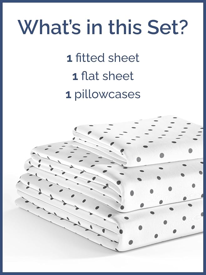 Kids Black Polka Dots Twin 3 Piece Sheet Set - Boys, Girls, Teens, Toddler - Easy Fit Deep Pockets - Breathable, Hotel Quality Sheets - Machine Washable - Wrinkle Free - Cute, Cozy, Soft - CGK Linens