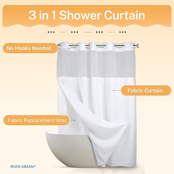 River Dream Heavyweight No Hooks Required Dotted Waffle Weave Shower Curtain with Snap in Liner，Bathroom Curtains Shower Set - 71W x 74H,Hotel Grade,Spa Like Bath Curtain,White