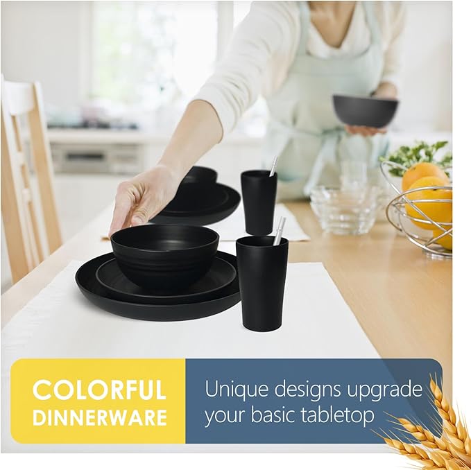 Teivio 80-Piece Kitchen Plastic Wheat Straw Dinnerware Sets for 8, Dinner Plates, Plates and Bowls Sets,Cups, Flatware, Dishwasher Safe, Unbreakable Apartment Outdoor Camping Dishes, Black