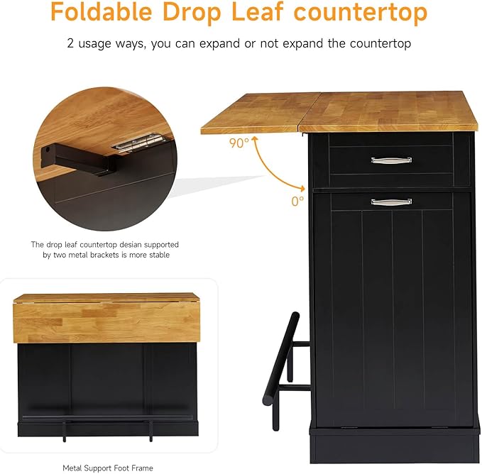 Stationary Kitchen Islands Include 2 Chairs, 47" Kitchen Island with Drop Leaf, Home Bar Table with Spice Rack & with Trash Cabinet, Island Table for Dining Room with Power Outlet, Black