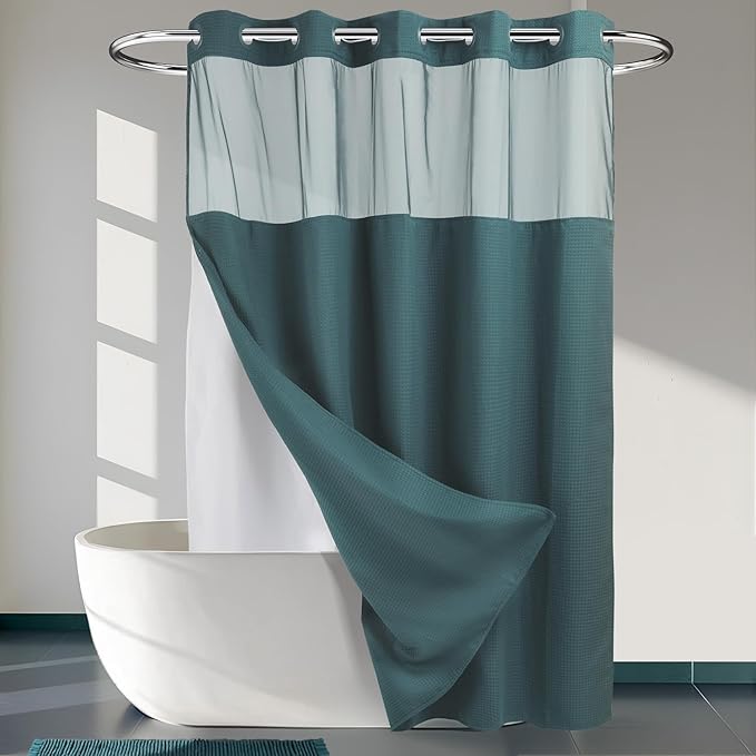 River Dream Heavyweight No Hooks Required Dotted Waffle Weave Shower Curtain with Snap in Liner - 71W x 74H,Hotel Grade,Spa Like Bath Curtain,Teal