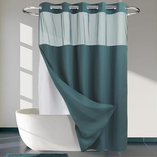 River Dream Heavyweight No Hooks Required Dotted Waffle Weave Shower Curtain with Snap in Liner - 71W x 74H,Hotel Grade,Spa Like Bath Curtain,Teal