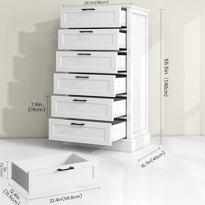 White 6 Drawer Dresser, 55 Inch Tall White Dresser for Bedroom, Modern Farmhouse Style Chest of Drawers for Bedroom Living Room, Wood Rustic Tall Clothing Organizer for Closet, Living Room, Hallway