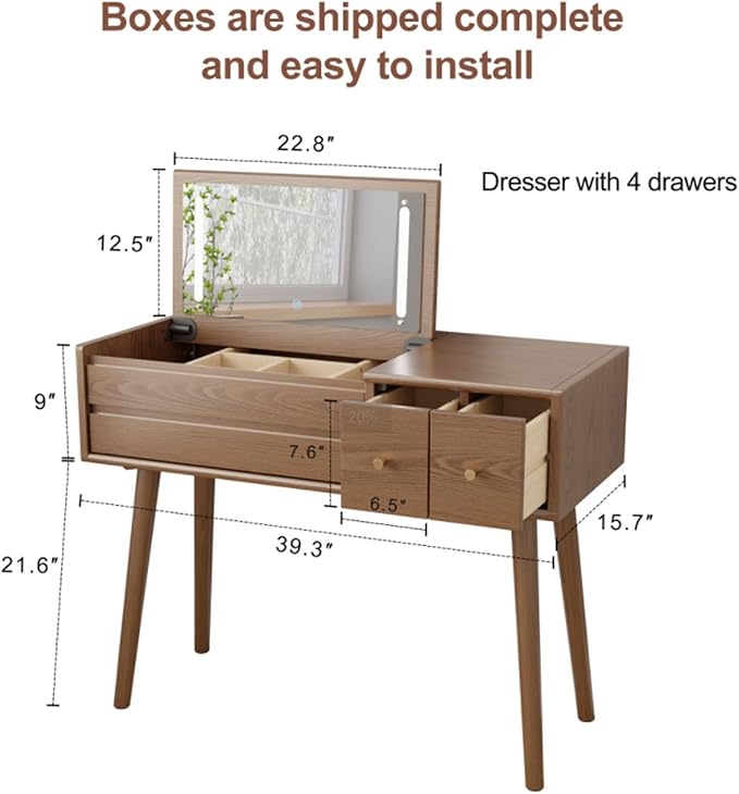 KungFuWood Makeup Vanity Desk with 3 Lighting Modes, Solid Wood Vanity Desk with Mirror Dressing Table Set 4 Drawers,Space-Saving Vanity for bedrooms(walunt)