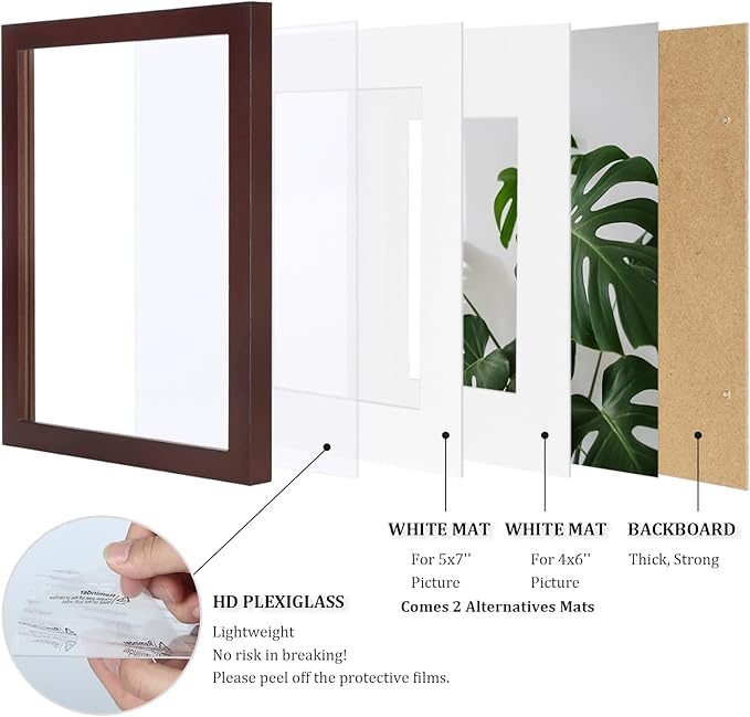Egofine 8x10 Picture Frame Made of Solid Wood with Plexiglass, Display Pictures 4x6/5x7 with Mat or 8x10 Without Mat for Tabletop and Wall Mounting, Walnut Color