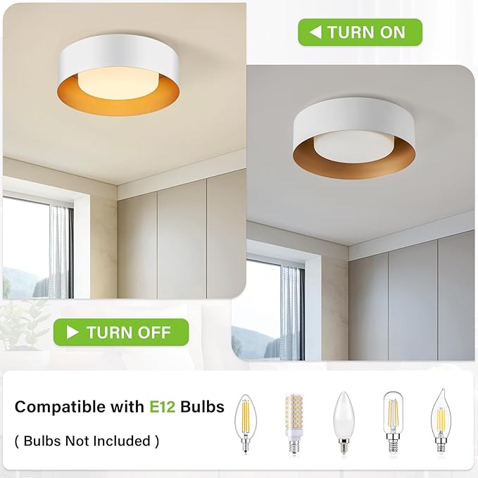 Modern White and Gold Flush Mount Ceiling Lights, Glass Round Ceiling Lighting, Minimalist Drum Close to Ceiling Light Fixtures for Bedroom, Dining Room, Bathroom, Hallways, Living Room