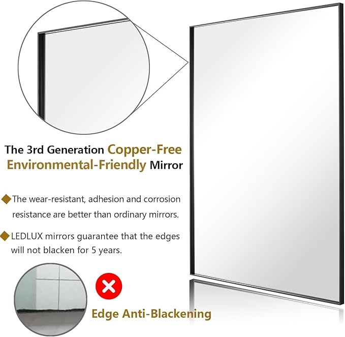 24x24 Inch Black Bathroom Mirror, Copper-Free Mirror, Aluminum Alloy Frame Vanity, Rectangle Wall Mounted Modern Mirror for Bedroom/Living Room/Porch Horizontal or Vertical