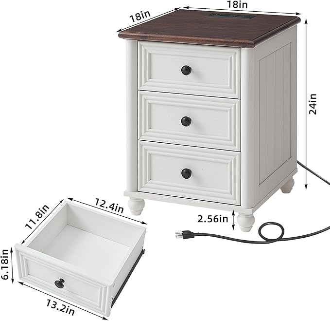 18" Farmhouse Night Stand Set 2 with Charger Station, White 2 & 3 Drawers Wood Nightstand, Bedside End Table with Storage and Roman Column, Bed Side Tables Cabinet for Bedroom, Living Room, and Closet