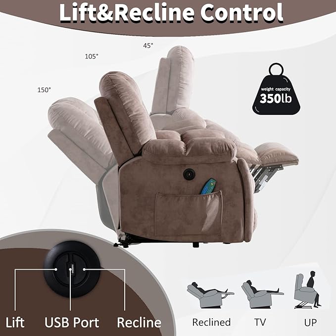 CANMOV Power Lift Recliner Chair with Massage and Heat for Elderly, Overstuffed Wide Recliners, Heavy Duty and Safety Motion Reclining Mechanism with USB Ports, 2 Concealed Cup Holders, Apricot