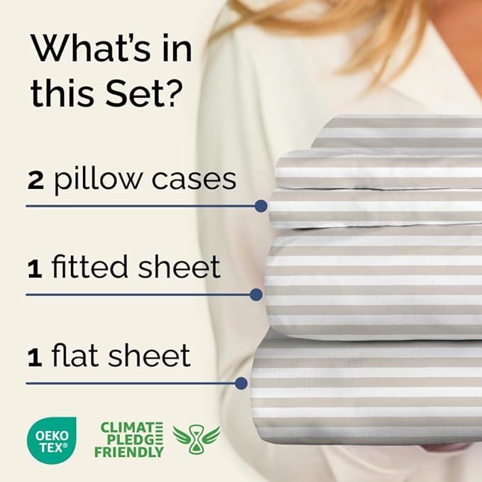 Light Grey and White Striped Sheets - 1 Flat & 1 Fitted Sheet & 2 Pillowcases w/ Deep Pockets - Wrinkle & Fade Resistant, Ultra-Soft, Breathable & Cooling - Luxury Pinstripe Bedding - Full Size