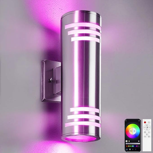SHIMR Smart Outdoor Wall Lights RGBCW, Modern Color Changing Outdoor Sconce Cylinder Stainless Steel Exterior Light Fixture with Remote, Up and Down Outside Lights for House Home Theater Lighting