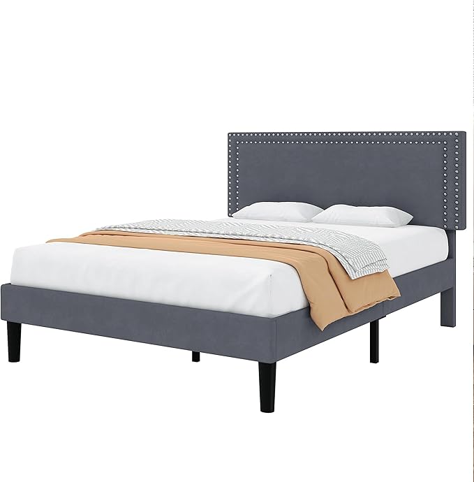 VECELO Full Size Bed Frame with Adjustable Upholstered Headboard, Wooden Slats Platform, Noise-Free Design, Easy Assembly