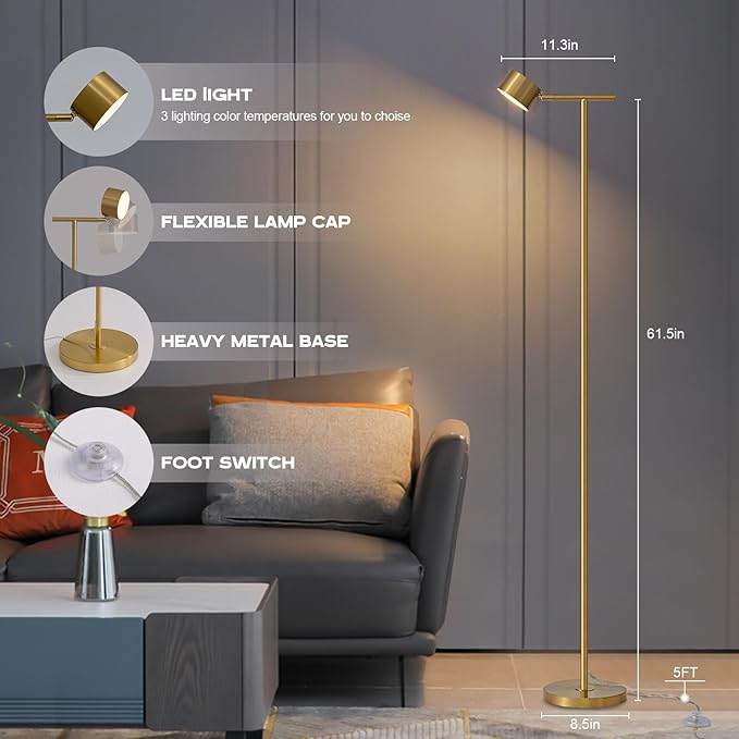 Floor Lamp for Bedroom, 3 Color Temperatures Minimalist Floor Lamp with Flexible Lamp Cap, Modern Gold Floor Lamps for Living Room Bright, Simple Standing Lamp for Office Reading Working