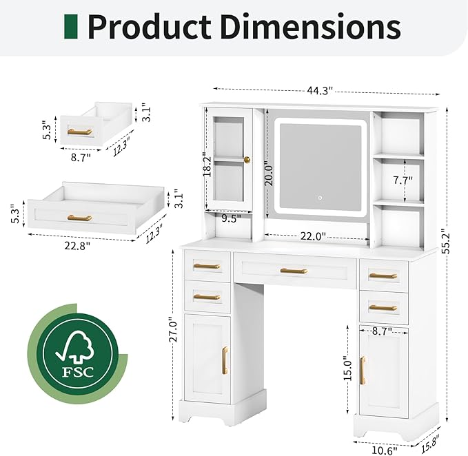Makeup Vanity Desk with Mirror and Lights - 55.2in Vanity Table with 5 Drawers & Adjustable Cabinets, Large Makeup Vanity, Wood Farmhouse Dressing Table White Vanity Desk for Bedroom, 3 Lighting Modes