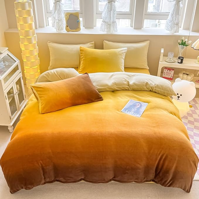 CLOTHKNOW Dark Orange Fluffy Full Comforter Set 3Pcs Velvet Bedding Comforter Sets Yellow Beige Comforters Soft Caramel Comforter with 2 x Pillowcases