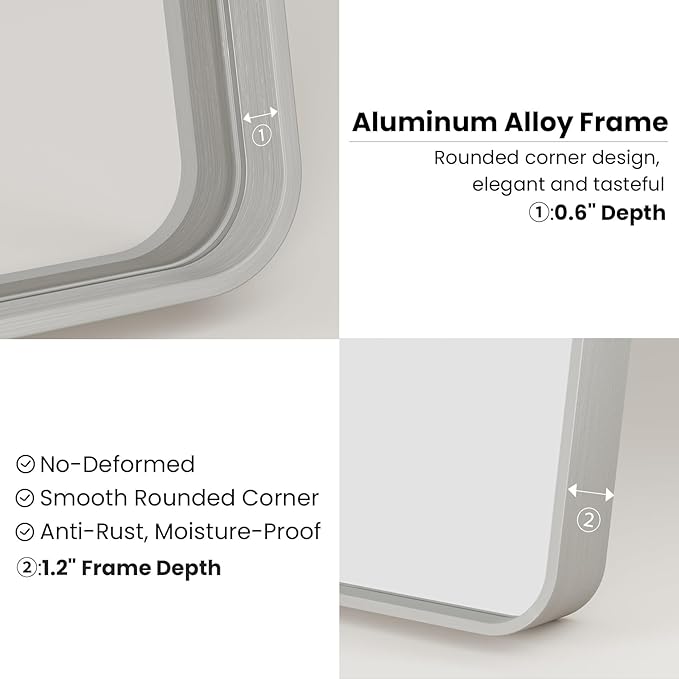 24x36 Inch Brushed Nickel Bathroom Mirror, Brushed Silver Metal Frame Mirror Wall Mounted, Rounded Rectangle Bathroom Vanity Mirror, Tempered Glass, Anti-Rust, Horizontal/Vertical