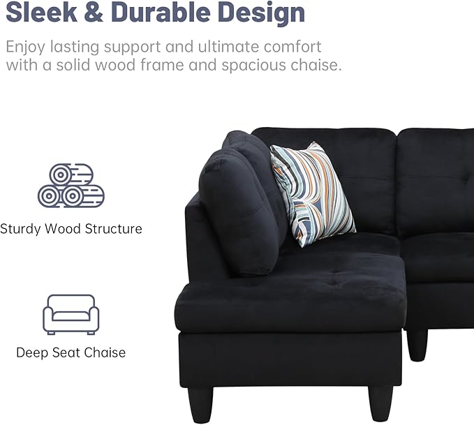 L-Shape 3-Piece Cloud Sofa, Couch for Living Room, BlackFlannel Fabric L-Shape with Reversible Chaise & Storage Ottoman, Ergonomic 110–115° Recline, Solid-Wood Frame