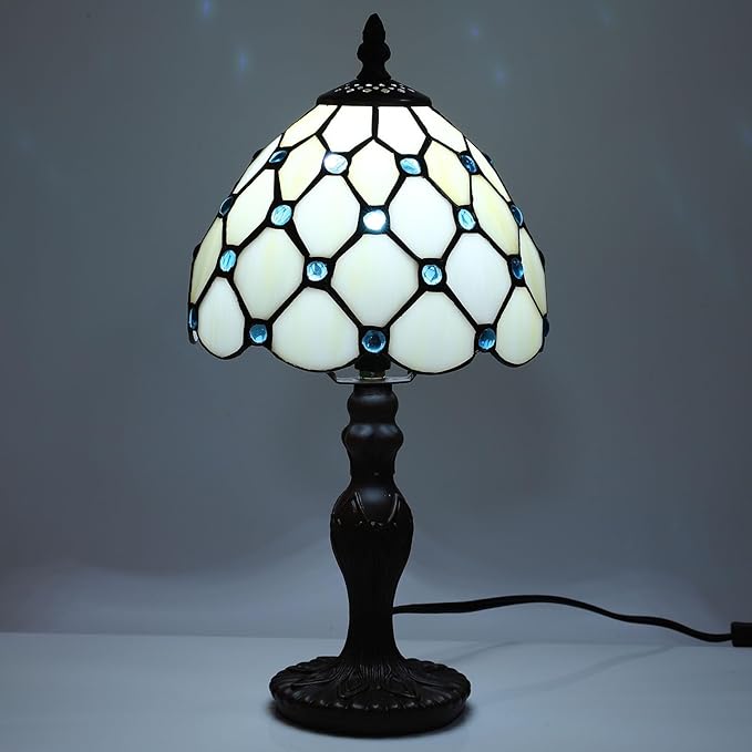 Tiffany Small Table Lamp for Living Room Blue Beads Stained Glass Bedside Nightstand Table Lamps for Bedroom Set of 2,3-Color Temperatures 8X8X15 Inch Hotel Home Office Desk Lamps
