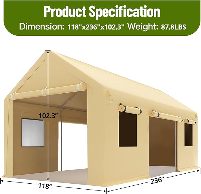 10 x 20FT Heavy Duty Carport with Roll-Up Windows, Portable Garage with Removable Sidewalls & Doors, Portable Car Tent Garage with Roll-Up Windows and All-Season Tarp, for Car, Truck,