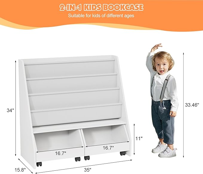 NACHES Kids Bookshelf,Toddler Bookcase Toy Bin with 2 Drawers 3 Sling Pockets –Children Bookshelf with Storage for Bedroom,Nursery or Playroom FSC Wood,Trapezoid 35" W, White (2 Movable Drawer)