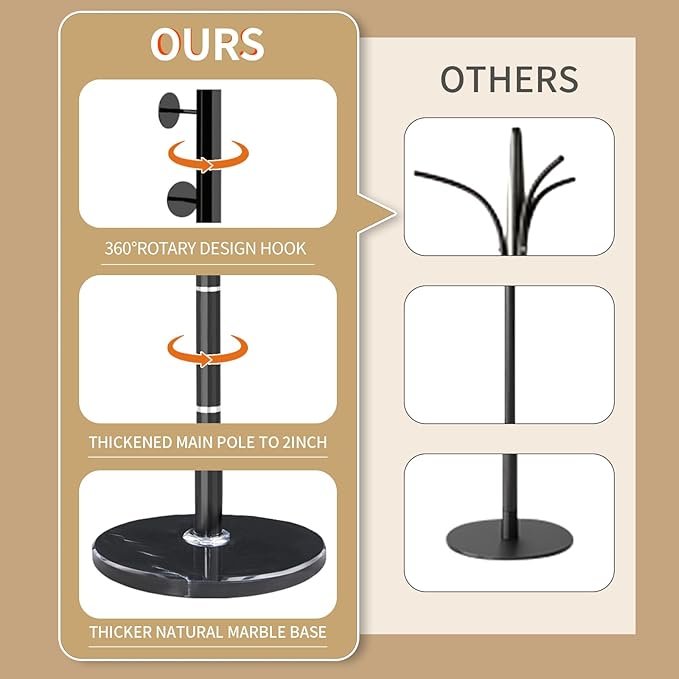 Modern Metal Coat Rack Stand with Natural Marble Base, Heavy Duty Coat Rack Freestanding with 8 Hooks, BlackStanding Coat Racks Hall Tree Stand for Bag, Jacket, Entryway Office