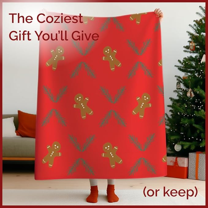 Christmas Sherpa Blanket Throw Size - Reversible Sherpa Fleece Blanket - Super Soft Double Sided Throw for Bed, Sofa, Couch - Thick, Warm, Cozy & Plush - Xmas Winter Bedding - Gingerbread Man, 50x60