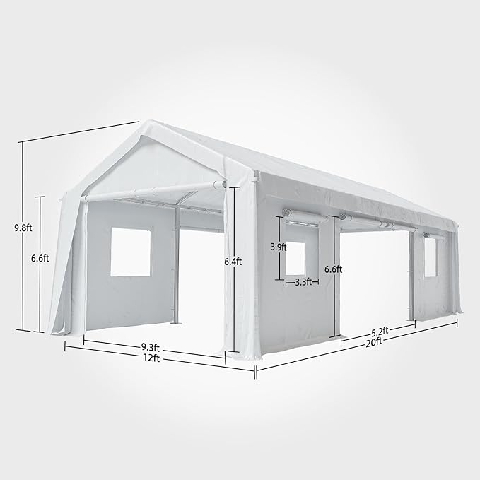 12x20ft Heavy Duty Carport Outdoor Canopy Portable Garage with 4 Doors & 4 Windows Waterproof UV Resistant Storage Shelter with Removable Sidewalls for Car Truck Boat, White