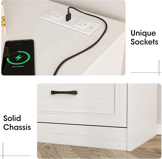 Fameill Dresser for Bedroom, 6 Drawer Wide Dresser Organizer with Charging Station for Hallway with Metal Handles, Woodgrain White