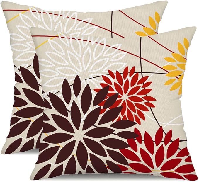 Red Brown Outdoor Pillow Cover 20X20 Inch Set of 2 Outdoor Waterproof Fall Floral Brown Decorative Pillowcase Decor for Couch Patio Funiture Garden Print Polyester Cushion Cover 01K20