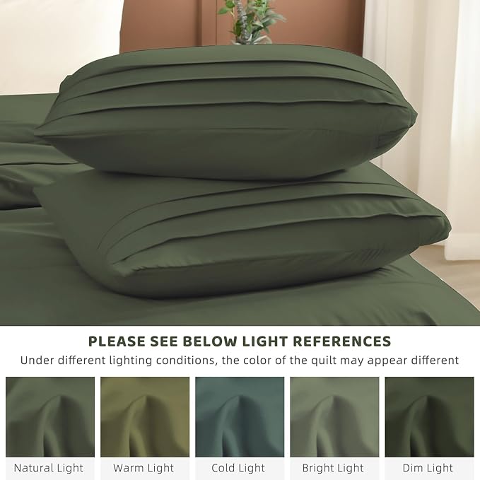 Sanracie King Comforter Set(106"x 95"), Cotton Olive Green Color Pinch Pleated Bedding Sets,3Pcs Lightweight Breathable Neutral Comforter Sets for All Season