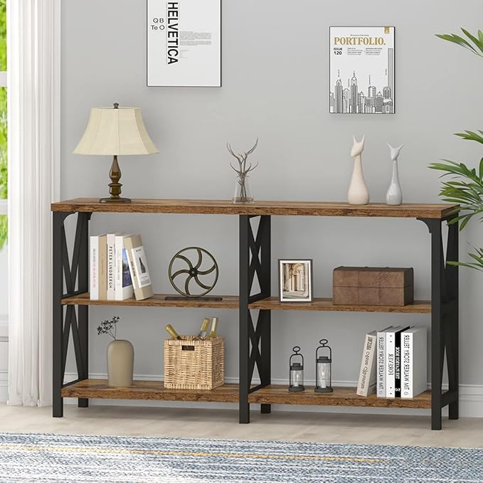 IBF Rustic Console Table for Entryway, Farmhouse Wood Sofa Table with Storage, Industrial Open Entry Table for Hallway, Modern Foyer Tables Behind Couch Shelf for Home Living Room, Rustic Brown, 55 In