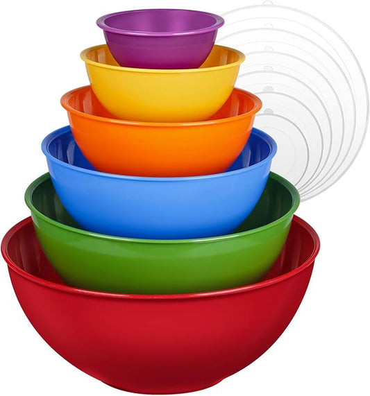6-Piece Plastic Mixing Bowl Set with Lids for Kitchen, Nesting Storage Bowls for Baking, Prepping,Cooking and Serving Food, Dishwasher, Microwave Safe,Great for Mixing & Serving(6 Set-Red)