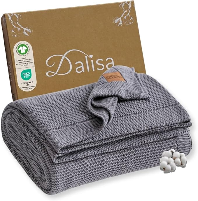 Dalisa 100% Organic Turkish Cotton Throw Blanket - GOTS Certified, Cozy - Perfect for Couch, Bed, and Home Decor - Boho Vintage Knit Alina (Dark Grey, 60x80)