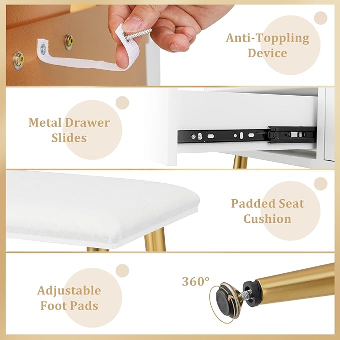 CHARMAID Vanity Desk with Mirror and Lights, Makeup Vanity with 4 Storage Drawers, 3 Lighting Modes, Adjustable Brightness, Modern Vanity Dressing Table with Stool for Bedroom, White & Gold