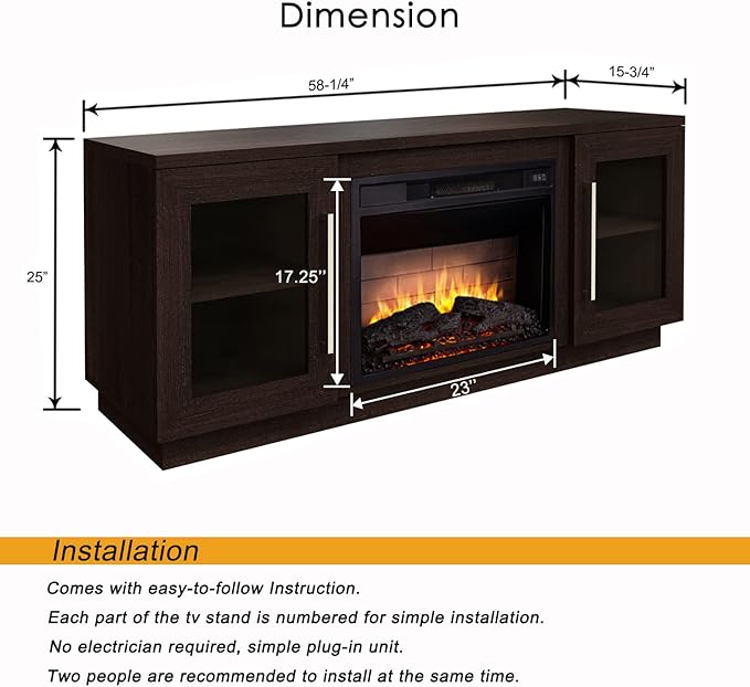 Cheerway 3D Fireplace TV Stand for TVs up to 65’’, Wooden Media Entertainment Center Table & TV Cabinets w/ 6 Storage Shelves & Barn Door, Electric Fireplace w/Remote Control & Adjustable Flame