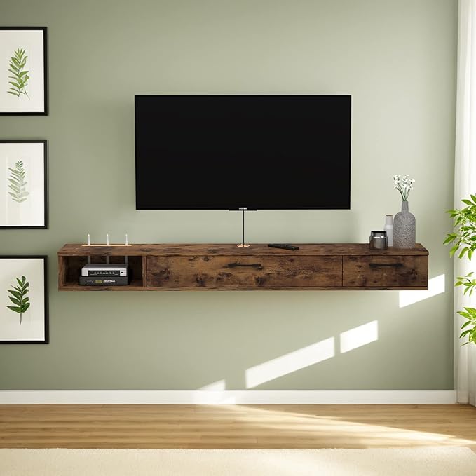 Pmnianhua Farmhouse Floating TV Stand with 2 Doors for TVs up to 80'',78'' Under TV Shelf Floating,Wall Mounted TV Shelf,Rustic Floating TV Console for Under TV(Rustic Brown)