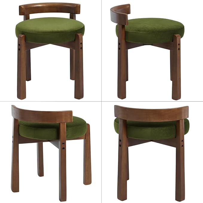 DUOMAY Modern Velvet Vanity Stools Set of 2, Upholstered Low Back Ottomans with Solid Wood Legs Cute Round Footrest Makeup Stools Dressing Seat for Living Room Bedroom, Green