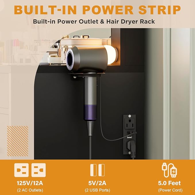 Likein Vanity Desk with Lights and Power Strip - 47'' Glass Top Vanity with Lighted Mirror, 9 Drawers Makeup Vanity with Lights, Black Vanity Set with Chair, 3 Lighting Modes Dressing Table