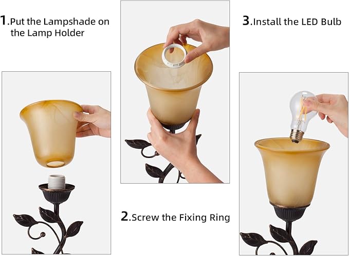 Touch Control Table Lamp with 2 USB Charging Ports, 3-Way Dimmable Bedside Nightstand Lamps, Amber Glass Shade Vintage Rural Leaf Lamp for Living Room, Bedroom, Dresser, LED Bulb Included (Bronze)