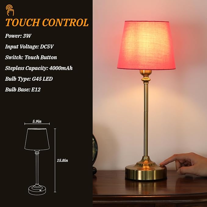 Cordless Table Lamps Rechargeable Set - 2 Pack Brass 4000mAH Battery Operated Lamps for Decor, 3000K Stepless Dimming Touch Control Wireless Lamps for Bedroom, Dining Table, Living Room, Rose Shade