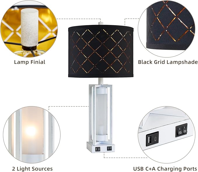 RORIANO 25" Set of 2 Farmhouse Table Lamps with USB C+A Ports, Rustic Retro Nightstand Lamps with White Night Light, Black Grid Shade, Desk Lamps for Bedroom Bedside, 4 Bulbs Included